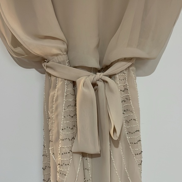Bebe - Beaded Embroidered Mini Dress with Tie Waist in Champagne - Size S - Picture 4 of 9